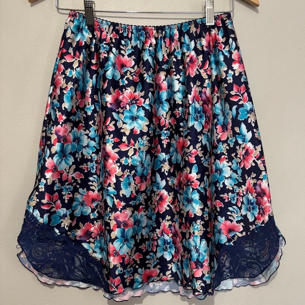 Olga Vintage Floral Lace Satin Slip Skirt Dress Size Small Blue & Pink